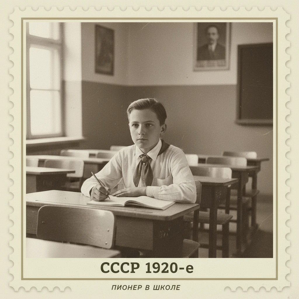 Марка на которой изображен пионер за партой в школе. СССР 1920-е годы.

Стиль марки такой же, как на прикрепленном фото emoji