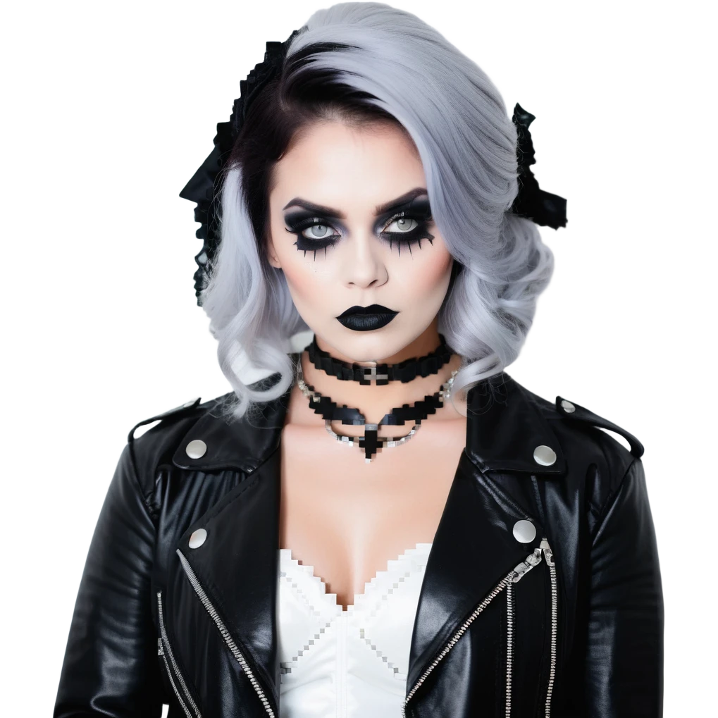 Chucky's bride with black lipstick, black dress, leather jacket, and smoky eye makeup emoji