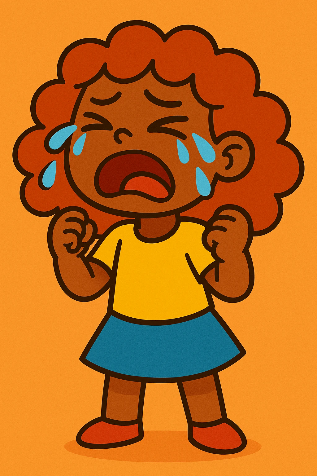 menina parda, cabelo cacheado avermelhado até os ombros, chorando, estilo cartoon colorido emoji