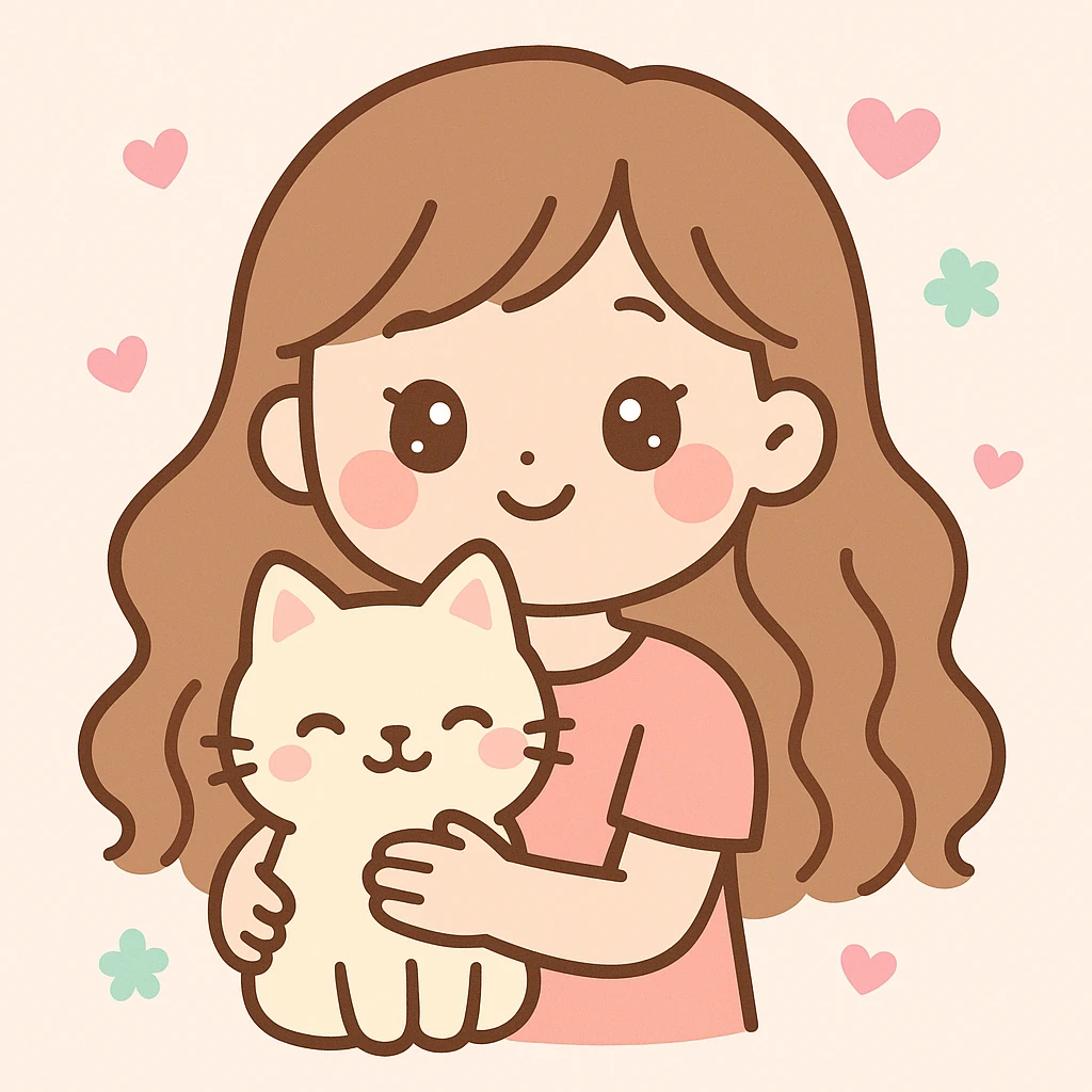 a girl with long wavy brown hair and brown eyes holding a cat, friendly and appealing style emoji