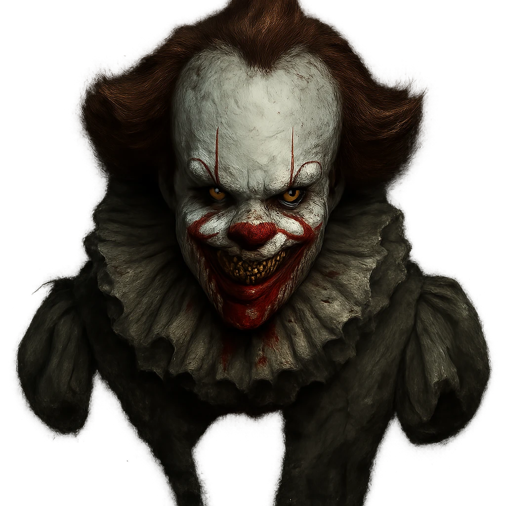 Pennywise with a sinister grin, blood on mouth, horror vibe, dark and eerie emoji