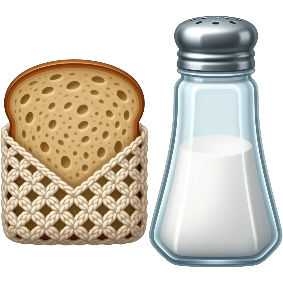 medieval style - a small cut-out peasant bread wrapped in crocheted fabric, next to which stands a large glass salt shaker emoji
