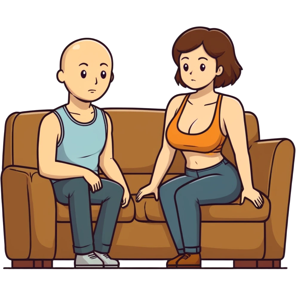 A bald man sitting on a couch. One Caucasian woman with brown hair, big boobs, wearing pants and a tank top, kneeling on the ground. emoji