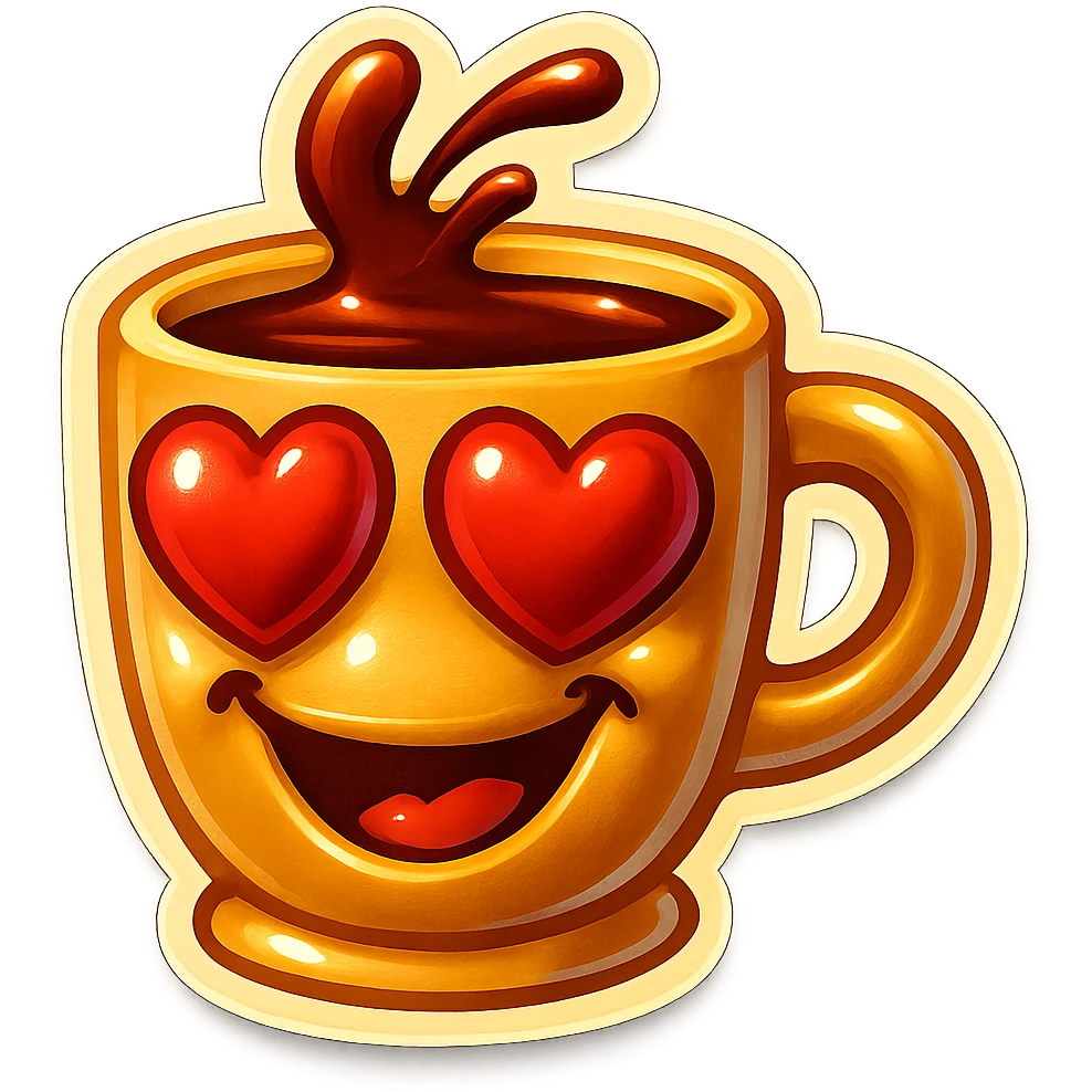 coffee cup creature, big heart eyes, dopey smile emoji
