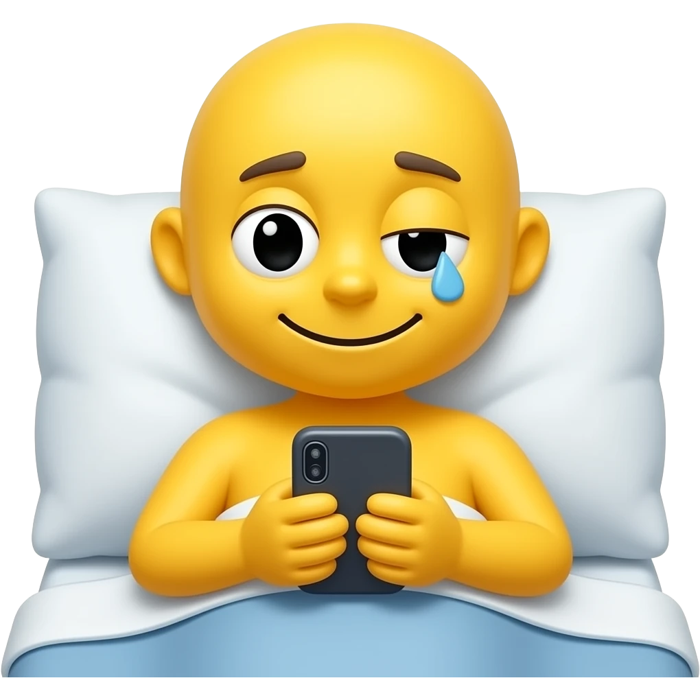 Yellow tired smiley reading phone messages in bed with one eye open sleepy expression emoji