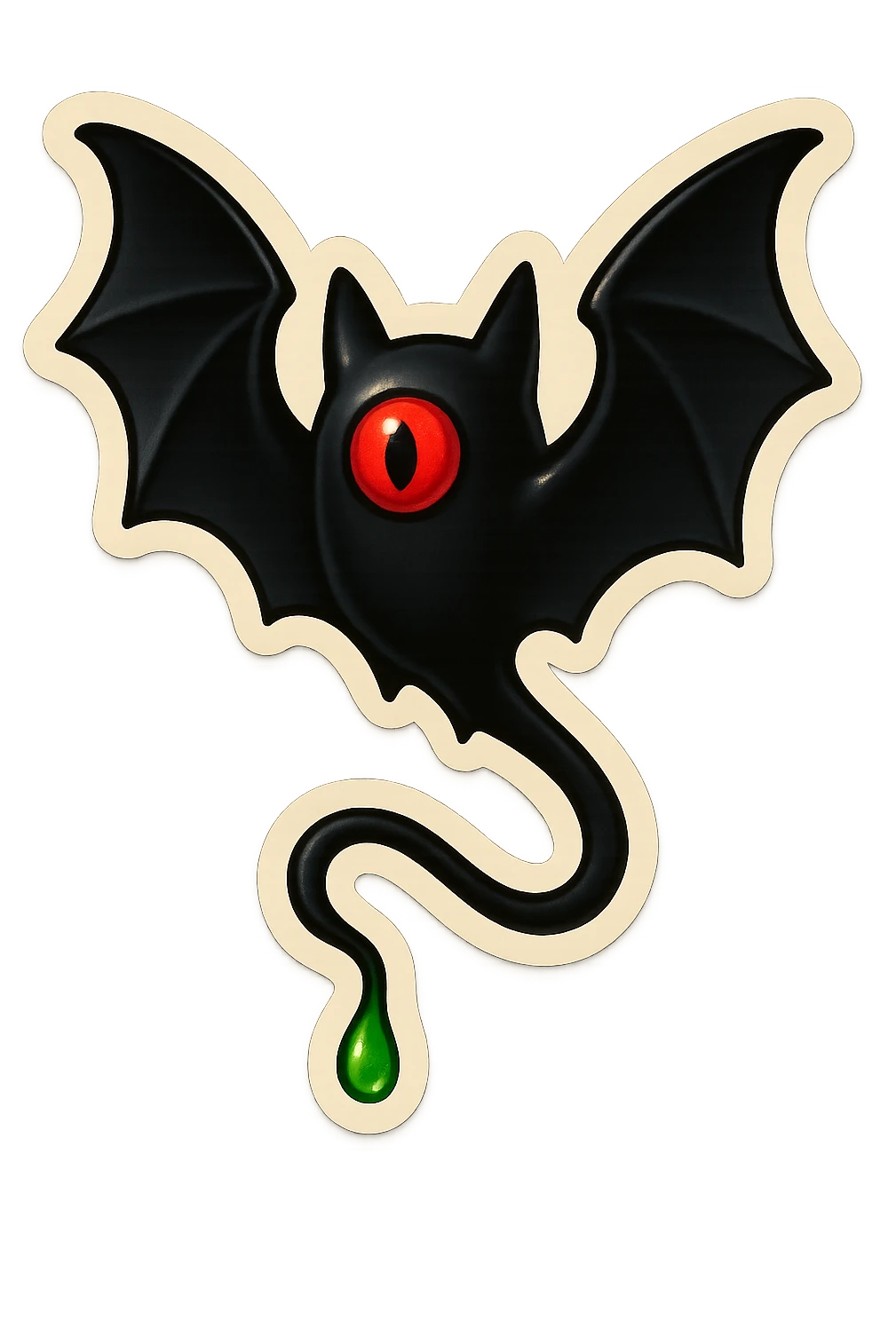 an all black bat-like creature. One cyclopian red eye in its face. no visible mouth or ears. has a long tale with a stinger that drips green poison emoji