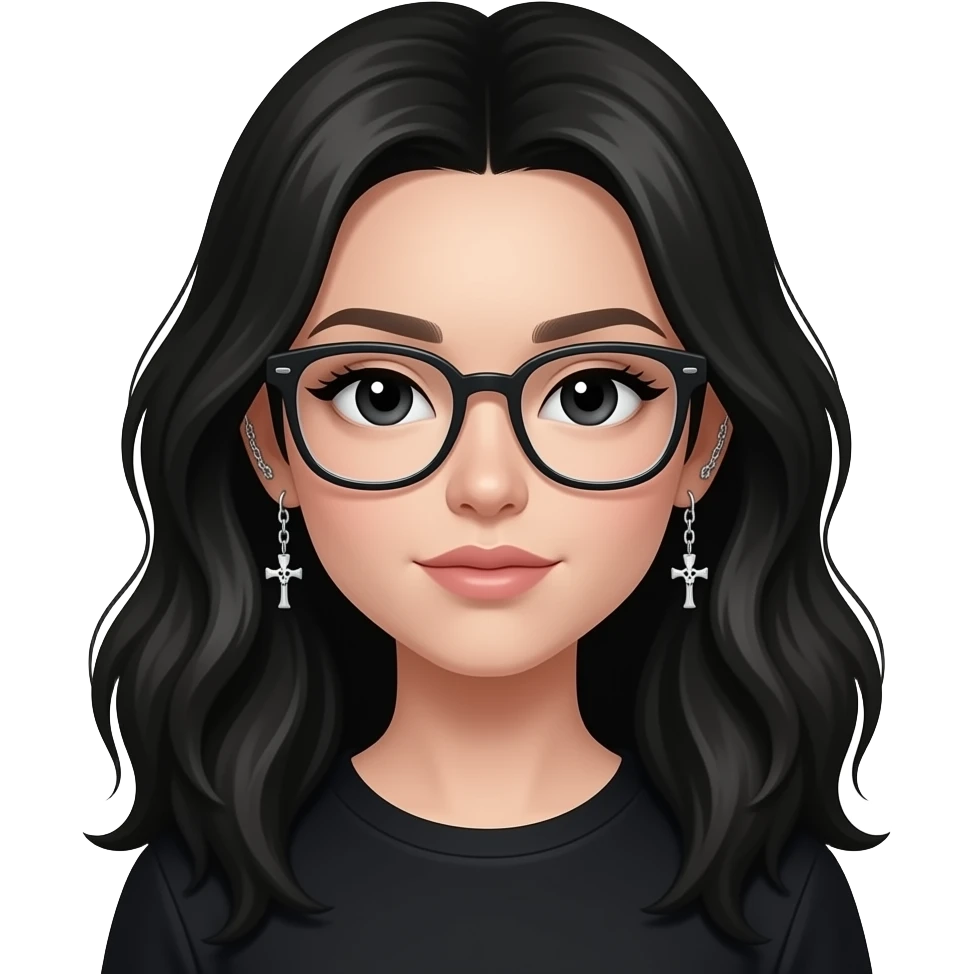Cool girl in black, long hair with volume , black eyes with small eye liner, with chain piercing earrings from helix to lobes (that has skeletons looking like crossing) and glasses emoji