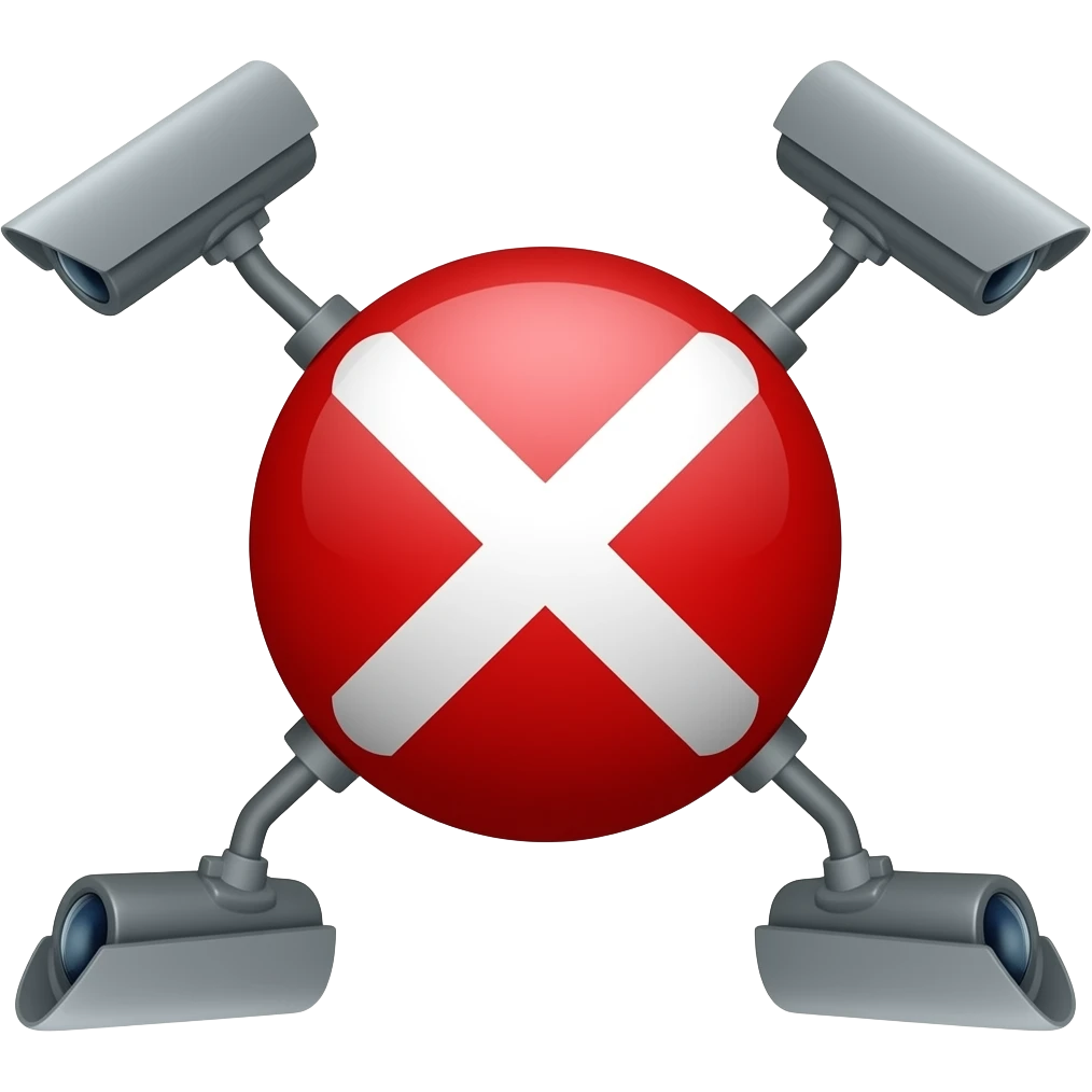 Red filled circle with white X, CCTV on end points of X emoji