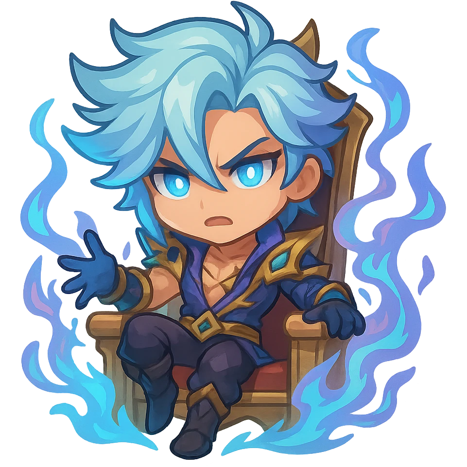 Soul Fighter Viego chibi emoji on a throne, surrounded by swirling Soul Fighter energy, cute proportions, dramatic pose, glowing blue and purple effects emoji