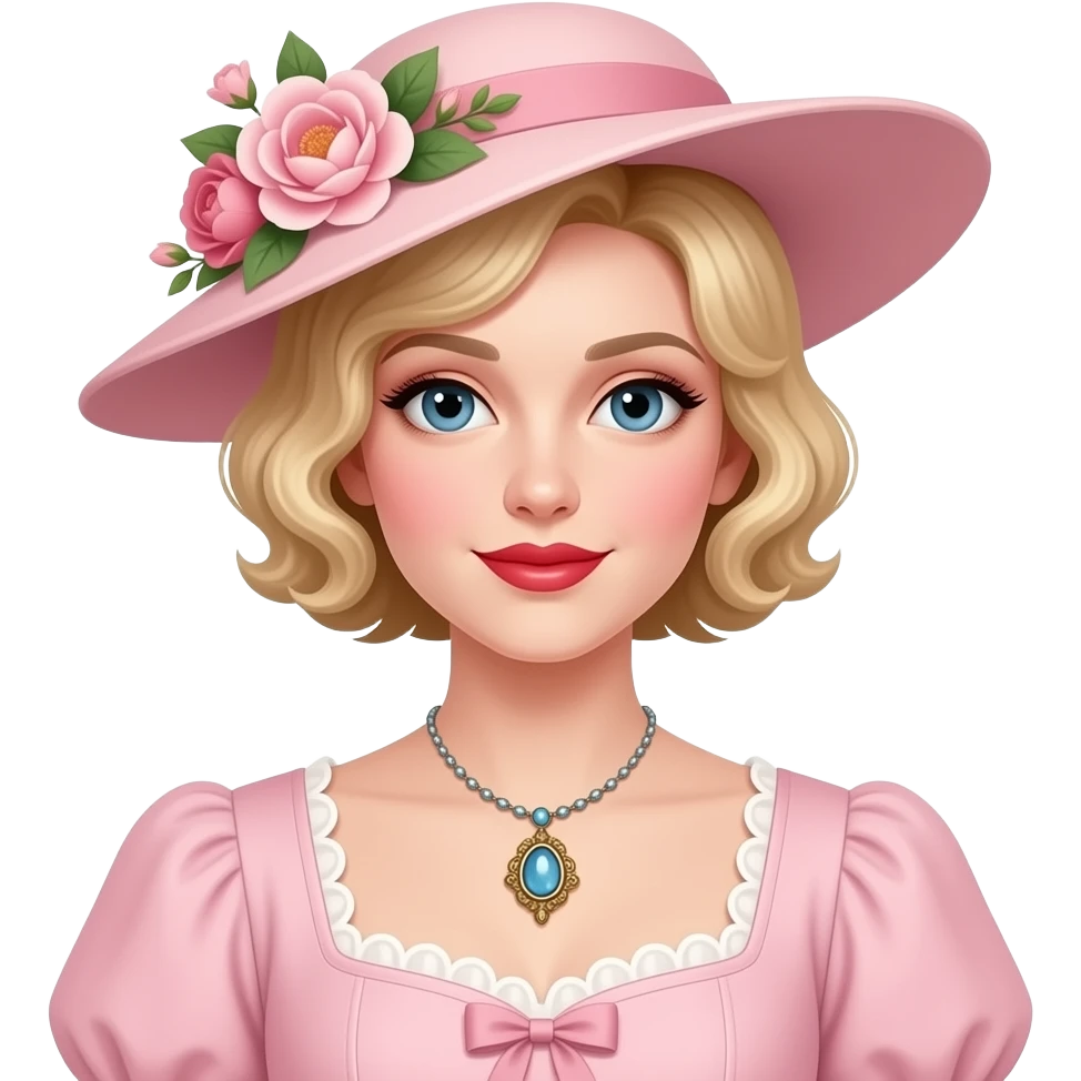 Victorian look with blonde short tight curls bob hair side swept in a light pink Victorian dress, antique necklace and light pink Victorian hat with flowers, red lipstick emoji