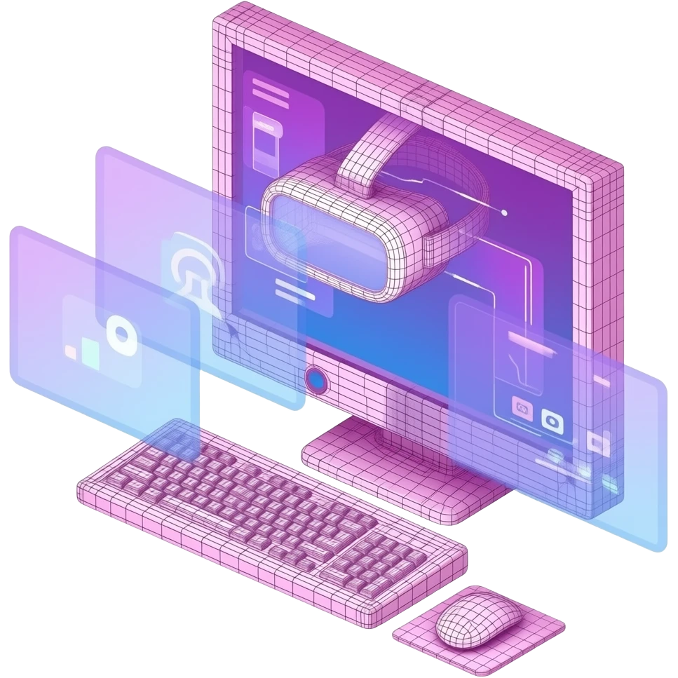 vaporwave 3d wireframe, VR, AR, quirky, unique, computer, pink, purple, aesthetic emoji