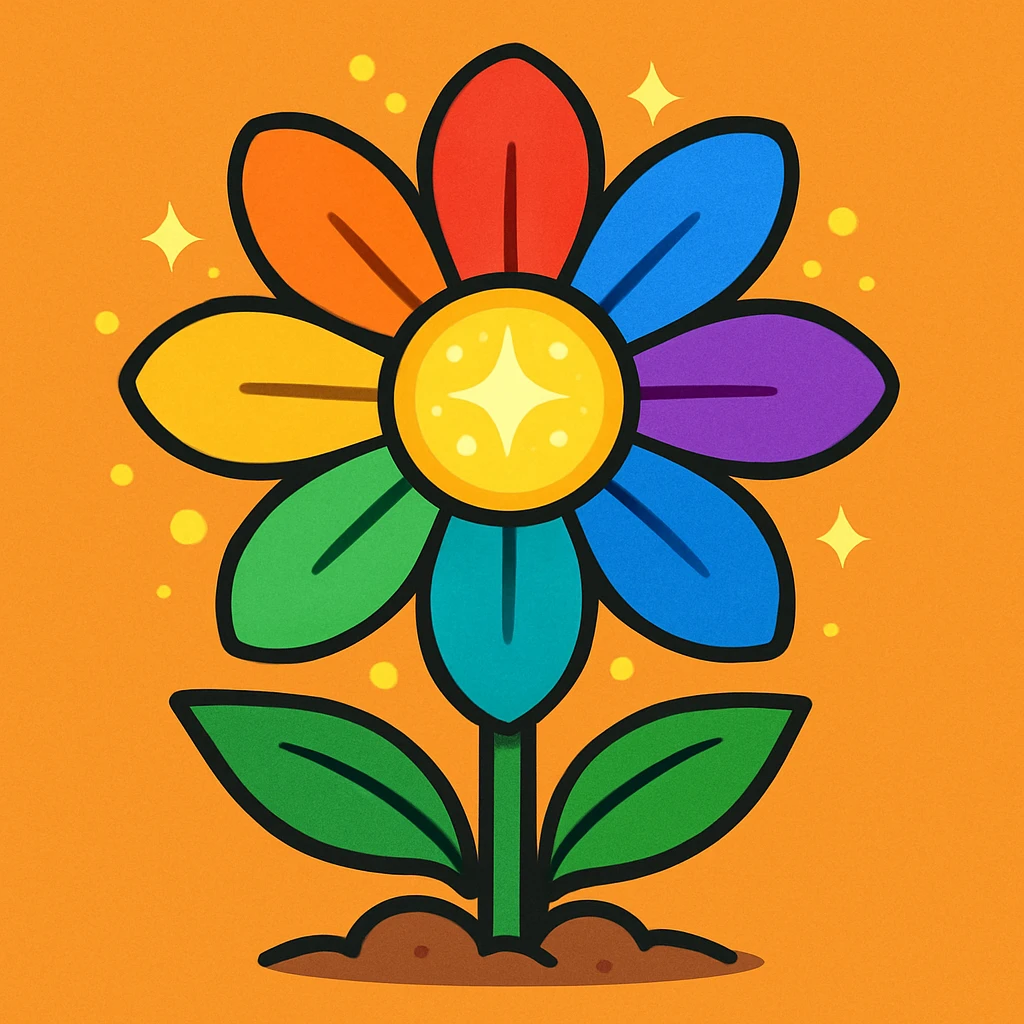 A magic flower with seven petals, each petal a different color emoji