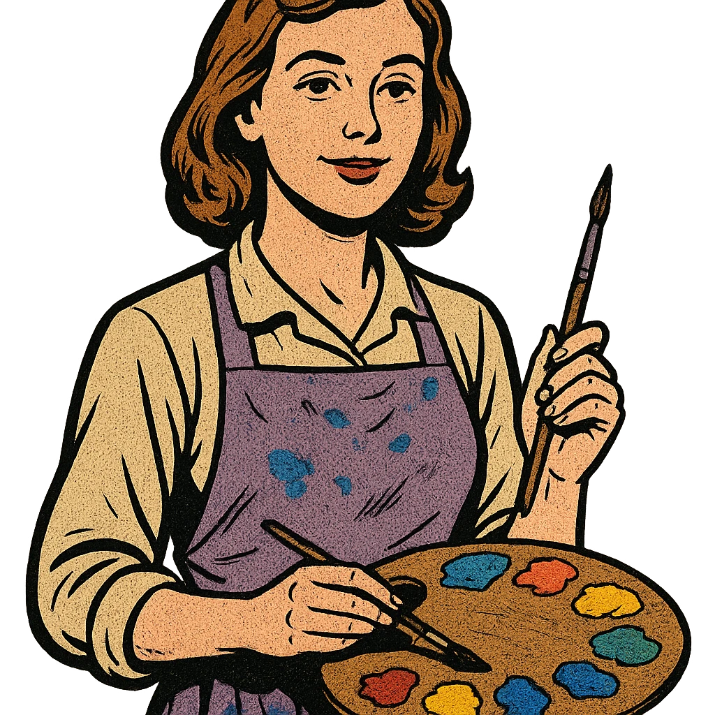 Serene female oil painter, Caucasian features, shoulder-length auburn hair, soft brown eyes, gentle smile, wearing a violet painter’s apron lightly stained with paint over a beige blouse, holding a wooden palette with vibrant colors in one hand and a brush in the other, waist-up, front-facing emoji