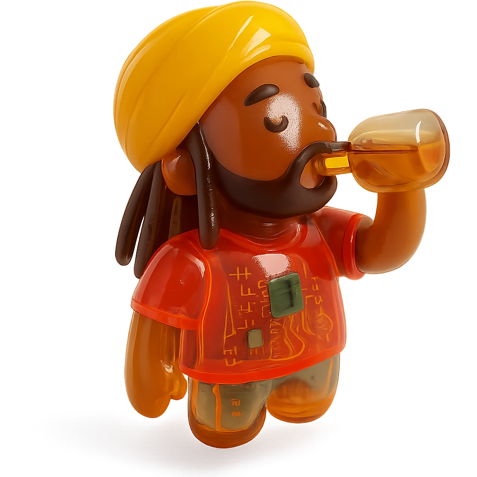 Brownskin man with long brown dreadlocks 
red t-shirt 
yellow turban 
expression is drinking alcohol emoji