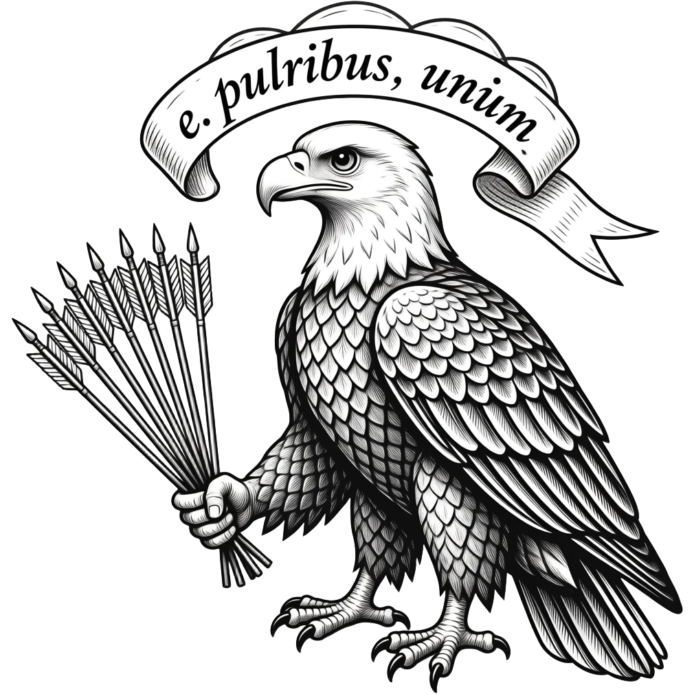 just like this one, but render the exact count of 13 arrows in eagle's left clutch (photo right), remove star cloud above eagle's head, use 'e. pluribus, unum' for scroll near eagles head in pure black thin line 1776 penmanship emoji