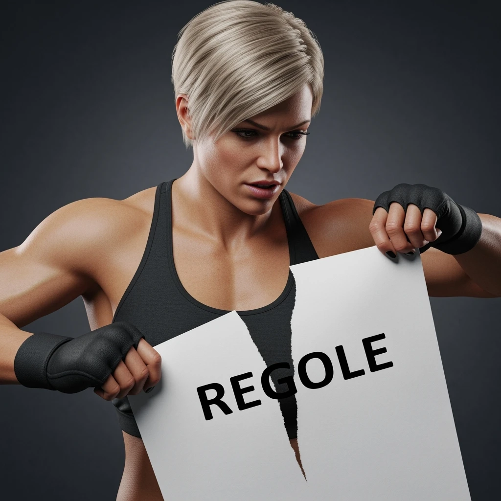 DONNA FITNESS CHE STRAPPA UN FOGLIO CON LA SCRITTA "REGOLE", IPERREALISTICA 4K, SENZA SFONDO emoji