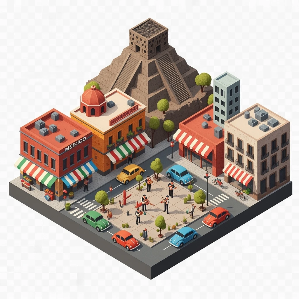 Isometric minimalistic illustration of mix Mexico subtle 3D miniature effect and Tilt Shift effect, no cartoonish look, transparent background. emoji