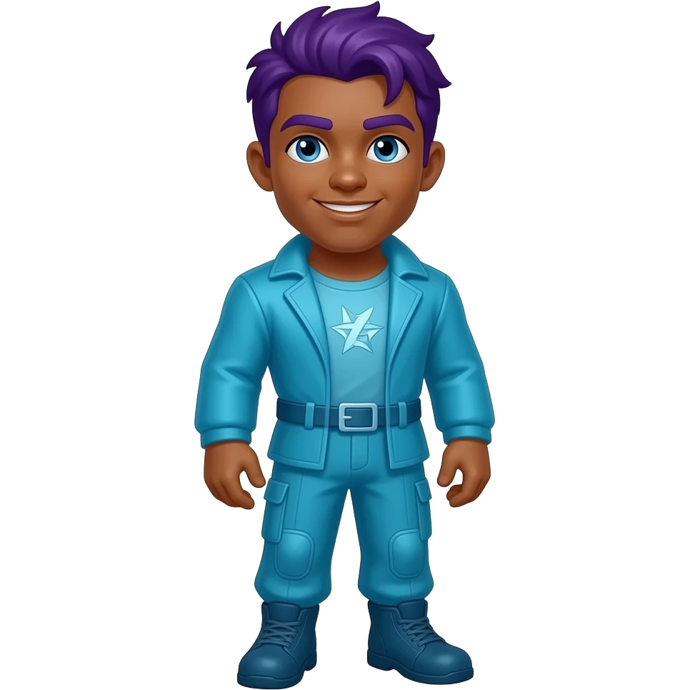 Gabriel and the guardians style male brown skin all cyan outfit purple hair blue eyes full body emoji