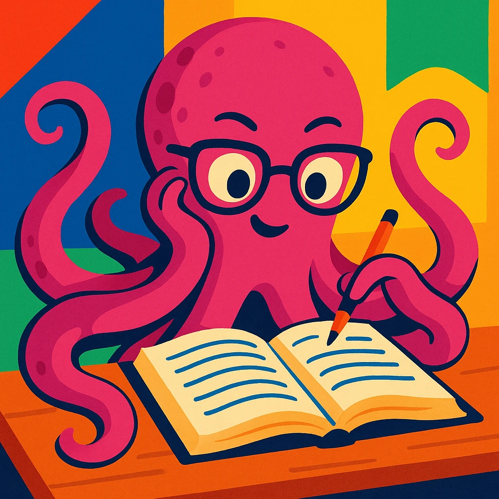 female octopus studying, vibrant and expressive emoji
