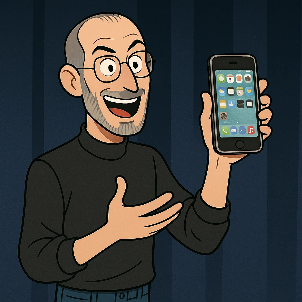 Steve Jobs, presenting on stage, holding iPhone, energetic expression emoji