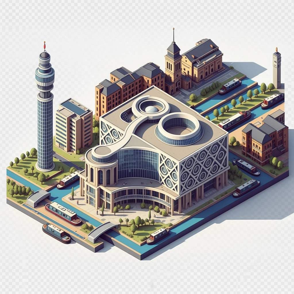 Isometric illustration of Birmingham, photorealistic the Library of Birmingham with its modern architecture, balanced between stylized and realistic, 3D miniature effect, transparent background. emoji
