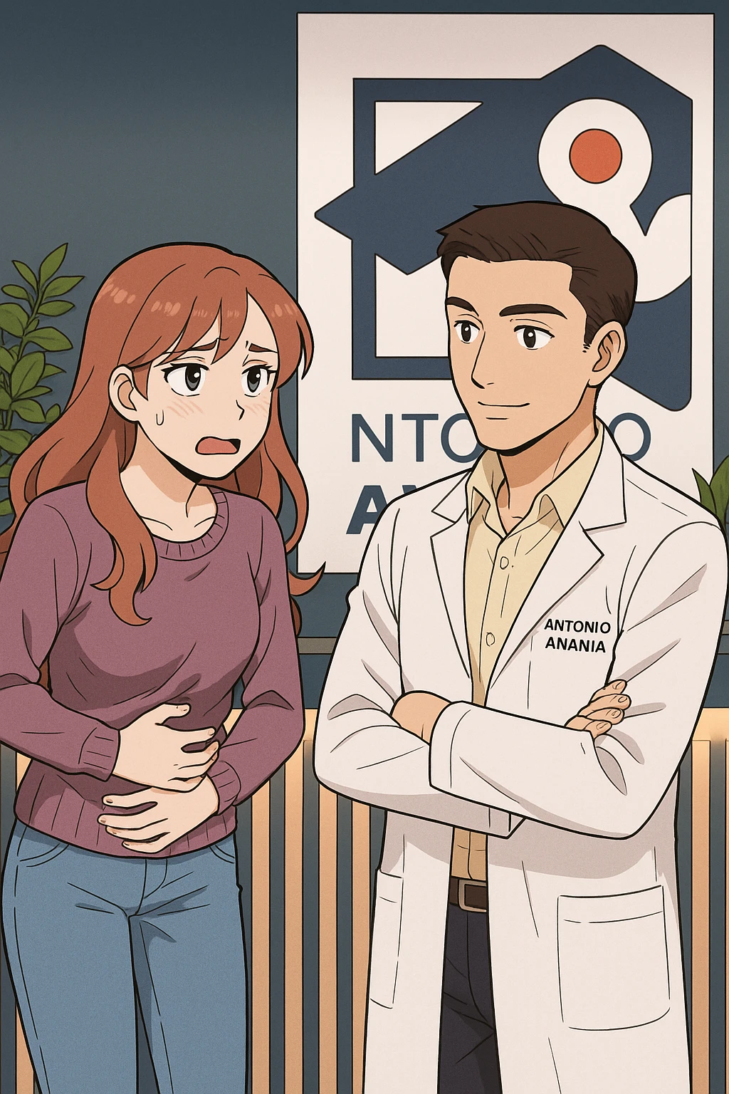 su questo stile fai un manga/webtoon a colori in cui una donna si lamenta che sta male e ha mal di pancia, l'uomo della foto in stile manga gli risponde, mantieni un ambiente simile alla foto che ho allegato con il suo logo (sarebbe il suo studio, lui è un kinesiologo), scrivigli "ANTONIO ANANIA" sul camice bianco, non mettere fumetti, ma fai in modo che sembri che la donna chiede una cosa e l'uomo risponde alla sua domanda emoji
