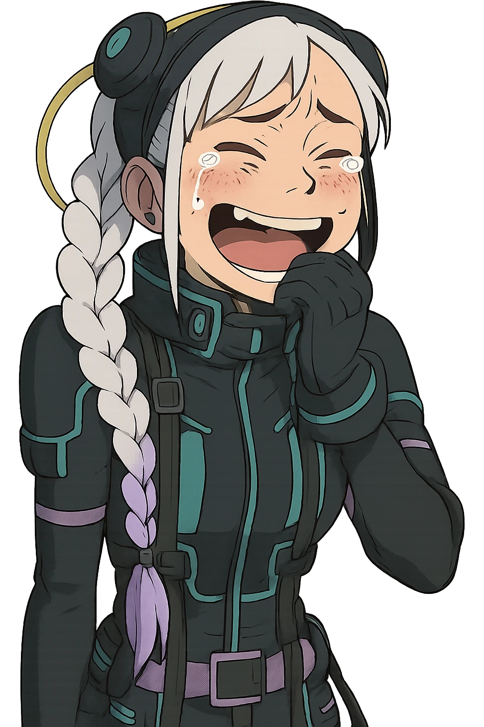 1 female, white braid with lavender tips. Cybergoth futurepunk, crying from laughter, “wheeze emoji” facial expression  emoji