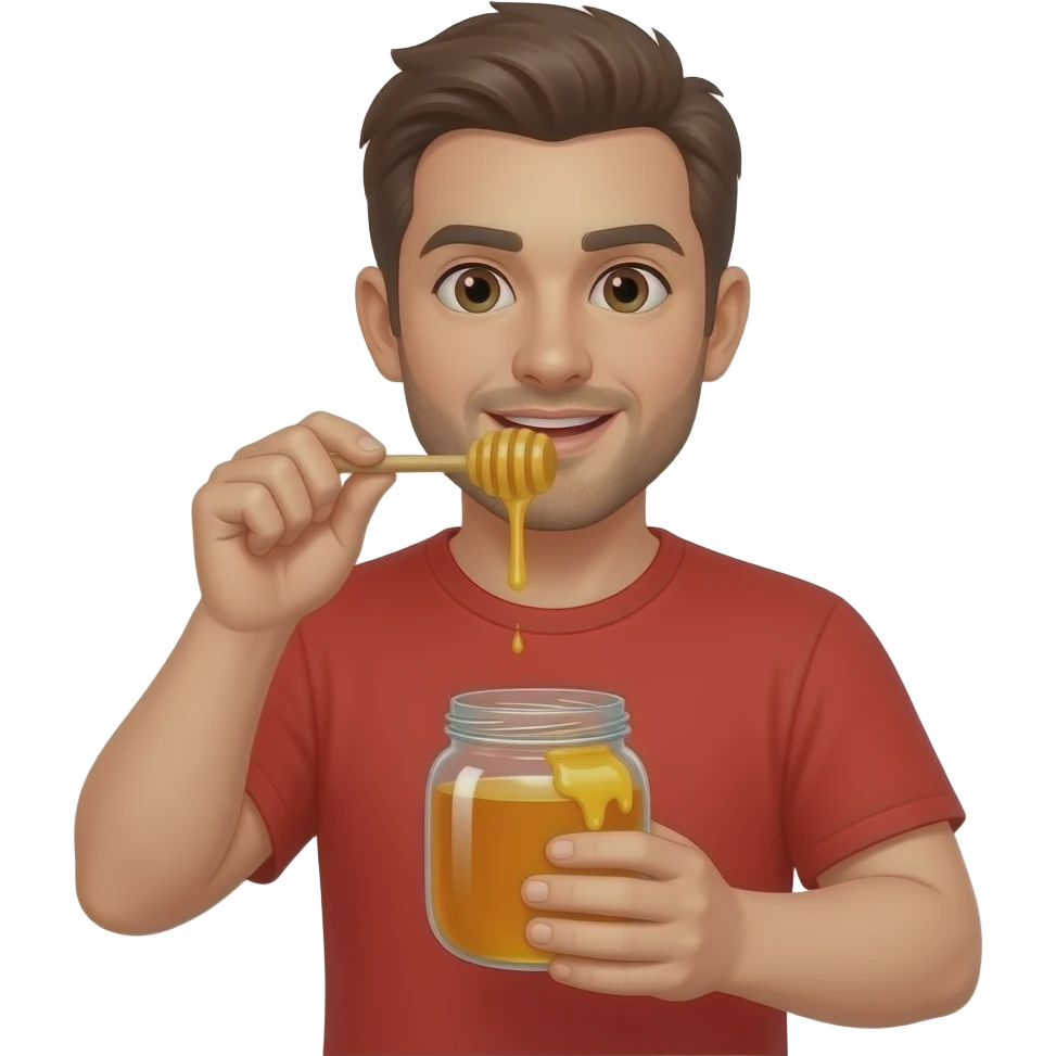 red shirt man eating Honey from honey jar emoji