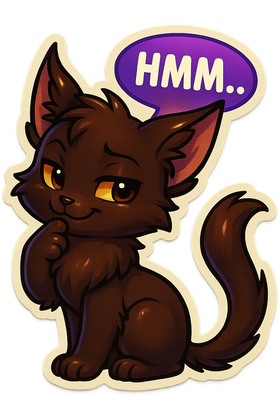 a dark-brown fluffy cute kawaii anime cat with tufted ears and a long thin tufted tail, thinking, smirking thoughtfully, saying “Hmm..” with a purple speech bubble, (cartoon style) (cute anime style) (furry style) (deviantArt style) (artist style: Kamirah) emoji