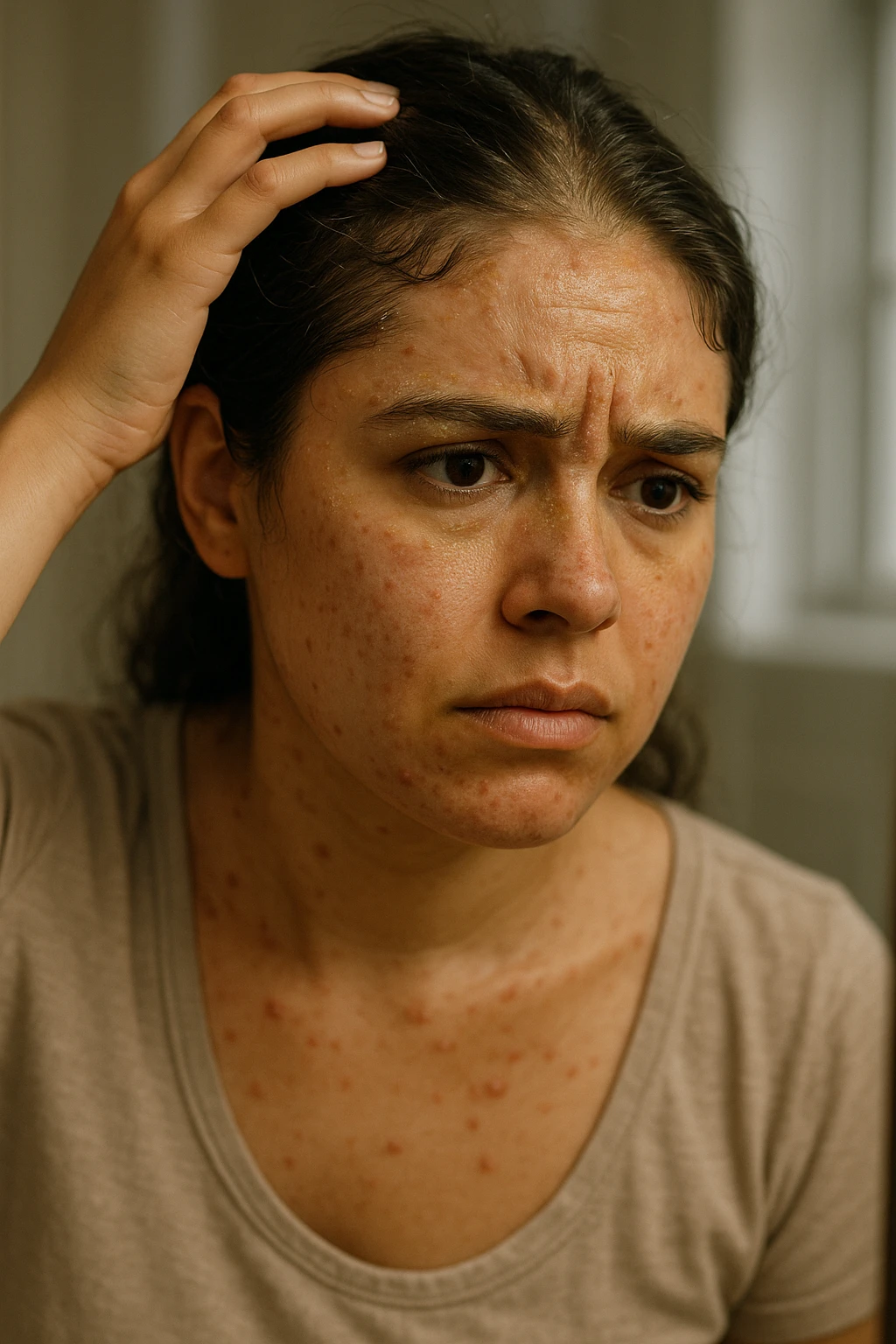 A highly realistic, cinematic close-up portrait of a young woman in her late 20s with medium skin tone, displaying visible folliculitis and seborrheic dermatitis. Small, red, inflamed follicular papules and pustules are scattered along her hairline, jawline, and upper neck, indicating folliculitis. Her scalp and areas around the nose and eyebrows show flaky, greasy yellowish scales, with redness and irritation, indicating seborrheic dermatitis. Her hair appears slightly greasy and clumps near the scalp, emphasizing excess sebum production. She gently touches her irritated scalp with concern while looking at herself in a softly lit bathroom mirror, expressing discomfort and frustration. The environment is neutral and clean, with daylight softly illuminating the scene to highlight the skin and scalp texture. The style is 35mm hyperrealistic, with warm neutral tones and shallow depth of field to maintain focus on her skin, inflammation, and emotional expression, visually explaining the physical discomfort and aesthetic concerns of living with folliculitis and seborrheic dermatitis emoji