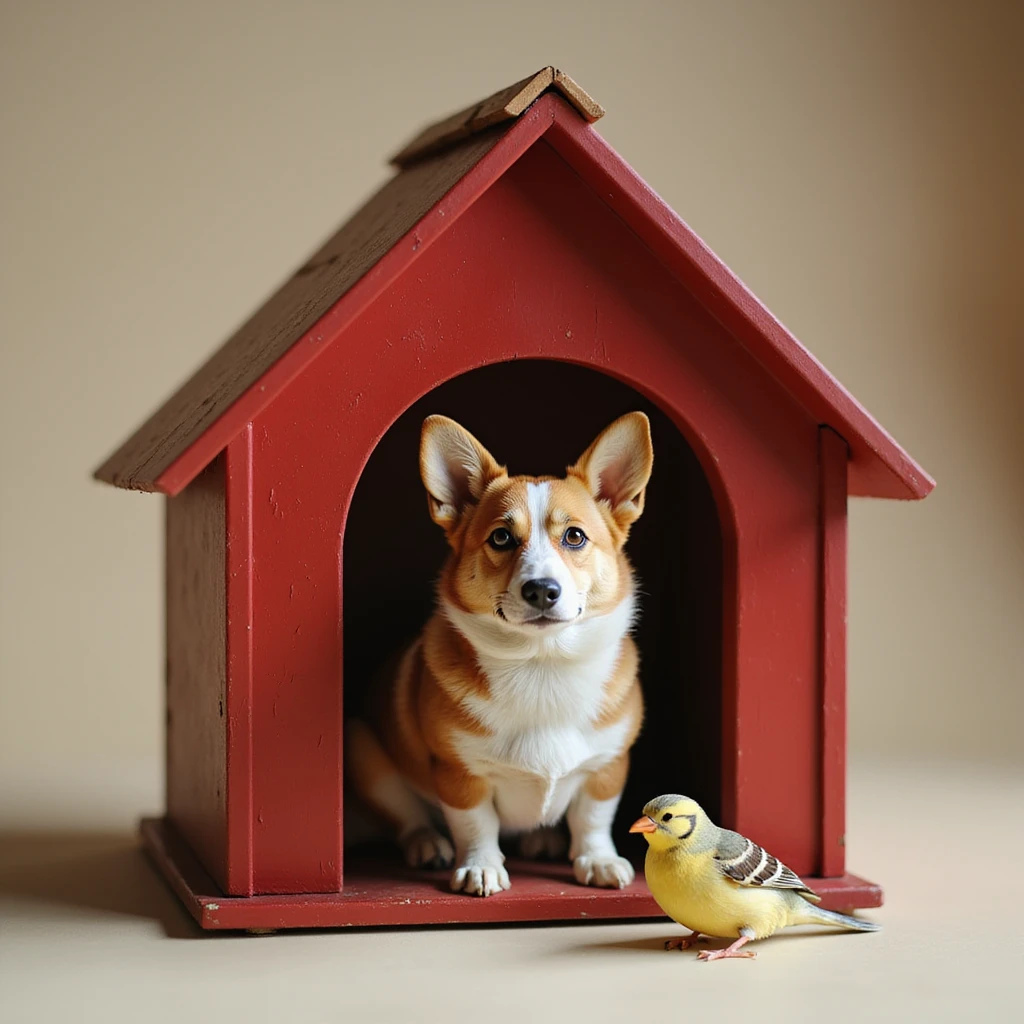 realistic red dog house with a Corgi dog inside, Corgi with a bird, photorealistic style emoji