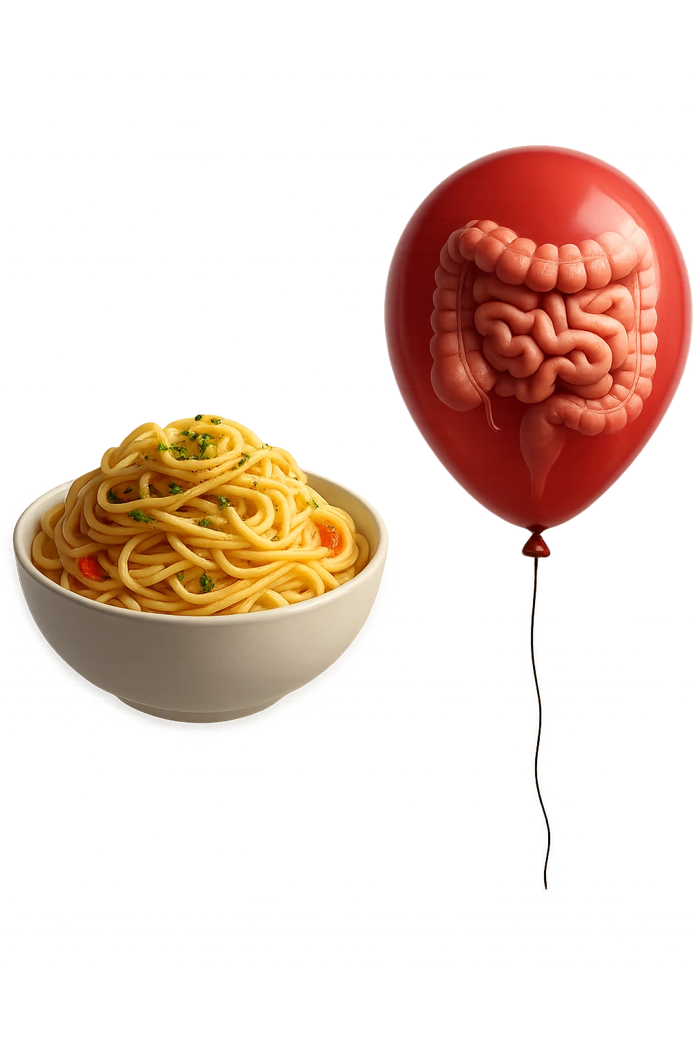 bowl di pasta fluttua in aria insieme ad un palloncino rosso con all'interno un intestino umano anatomico realistico, iperrealistico 4k emoji