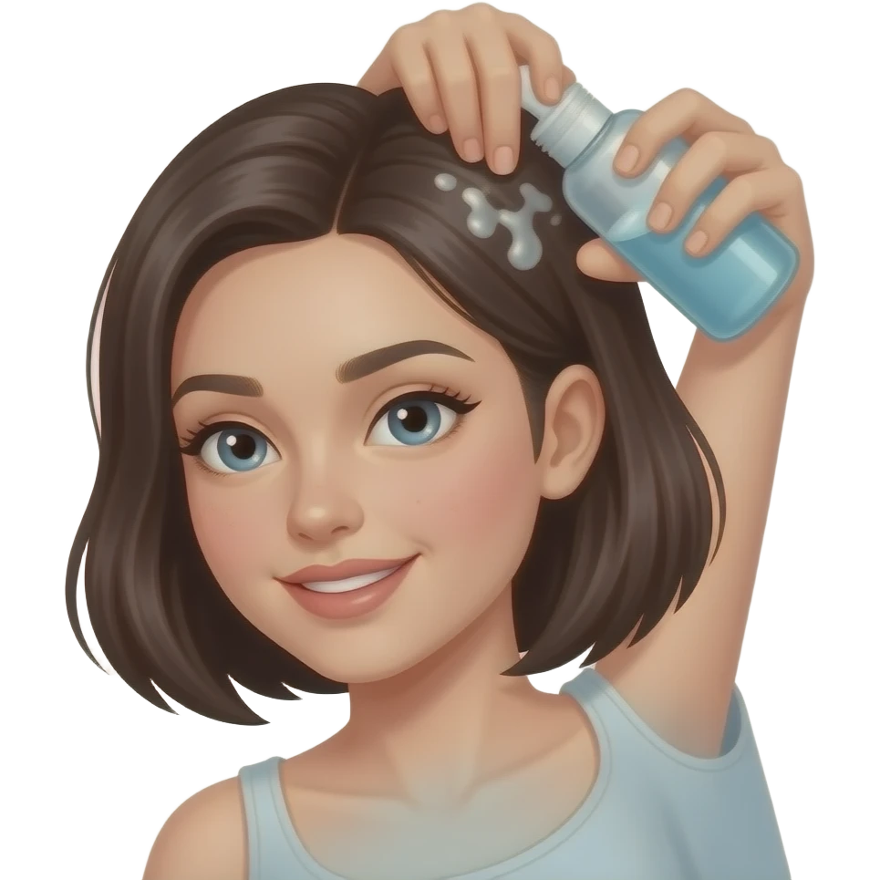 White girl taking care of her black short hair by giving herself a hair tonic massage, iPhone emoji style emoji