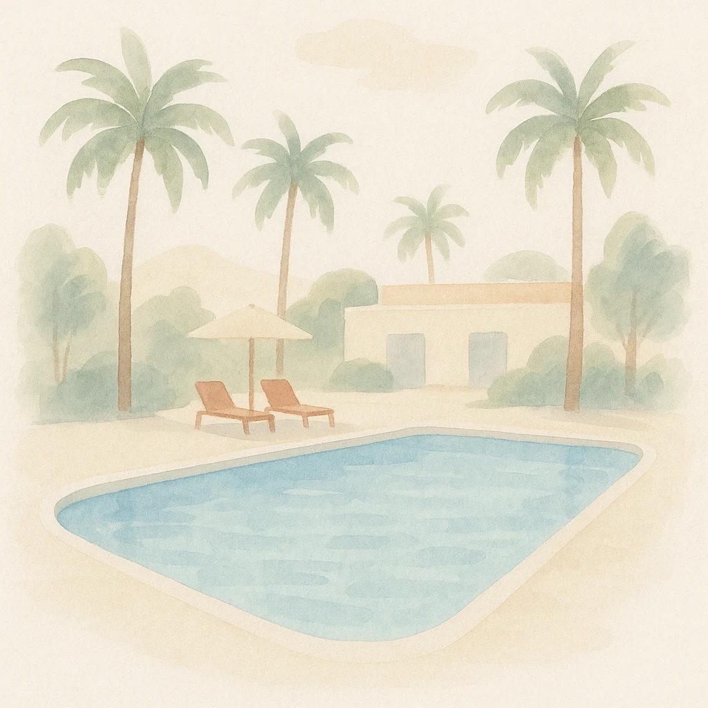 soft watercolor illustration in a minimalist modern style of a luxurious resort swimming pool with crystal clear blue water, palm trees around the edges, sunny day, pastel colors, delicate linework, gentle whimsical mood, minimal soft shading emoji