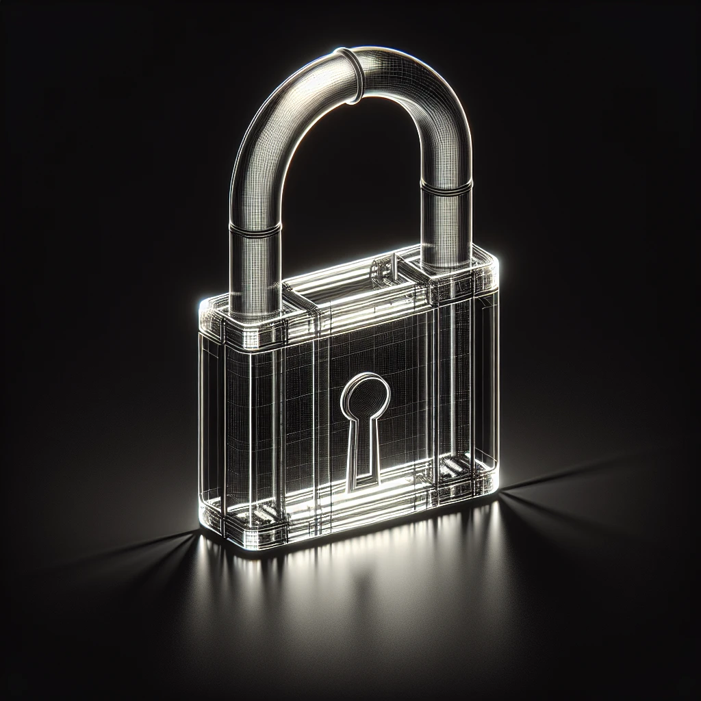 Photo of a 3d made of glass padlock, black void around symmetrical 3d render, rim light emoji