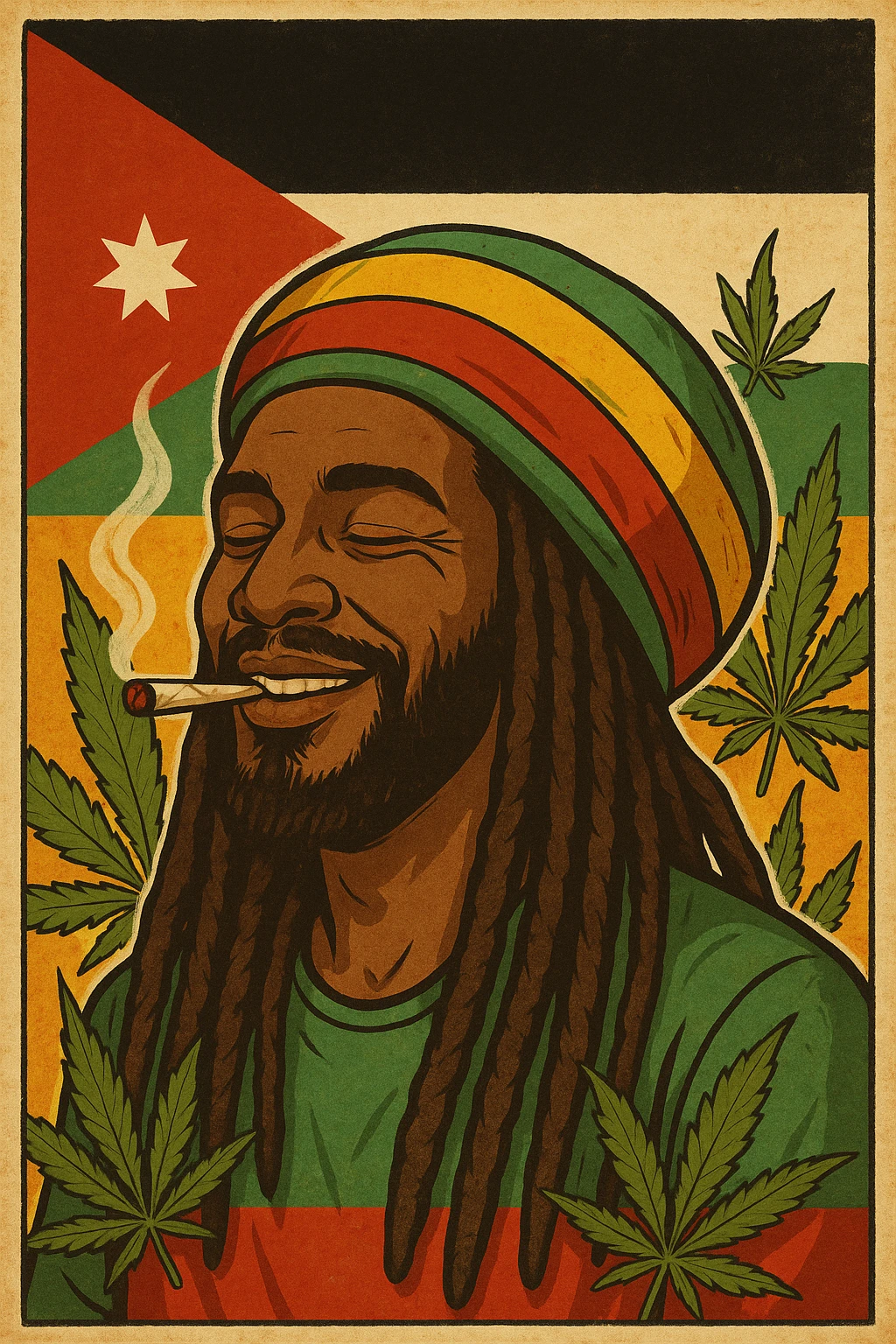 A digital vintage-style poster illustration of a Jordanian Rasta man with dreadlocks, wearing a red, yellow, green striped tam hat. He is smiling peacefully with a lit herbal spliff in his mouth. The background features the official Jordan flag — black, white, green horizontal stripes with a red triangle and a white 7-point star — accurately displayed behind him. Cannabis leaves are tastefully arranged around the composition, and the poster includes Rasta color textures blended with the Jordanian palette. Use a retro poster style with warm, slightly aged textures, bold outlines, and soft shading to evoke a soulful reggae vibe that honors both Jordanian pride and Rasta spirit. The mood is chill, powerful, and respectful emoji