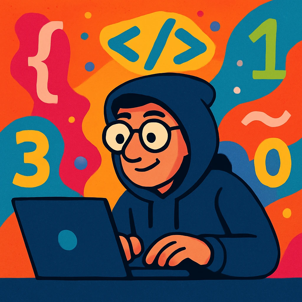 programmer in a dark hoodie, surrounded by code symbols, vibrant toon style emoji