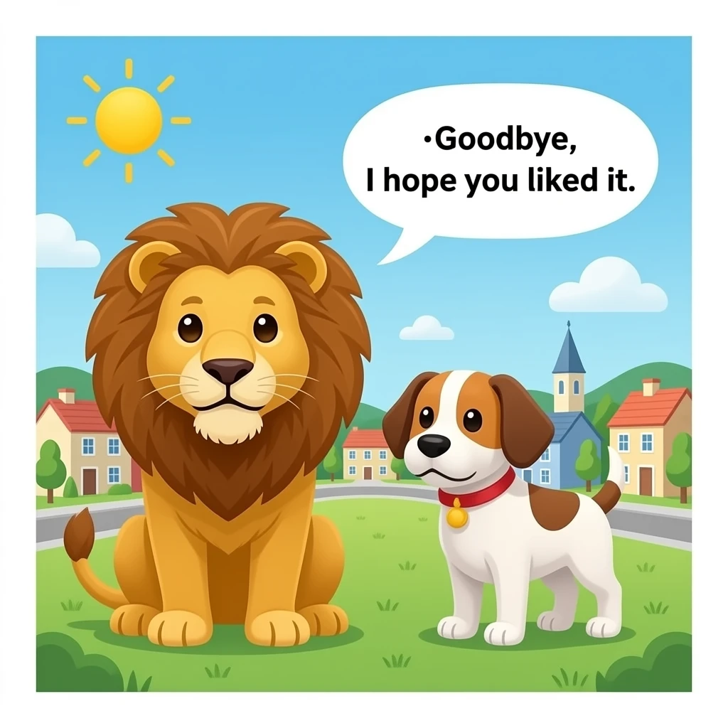 quiero un leon y un perrro que esten en un pequeño  pueblo que la gente le tenga mucho mido para el final de un cuento y que digan en ingle adios espero que os haya gustado pero en ingles con biñetas emoji