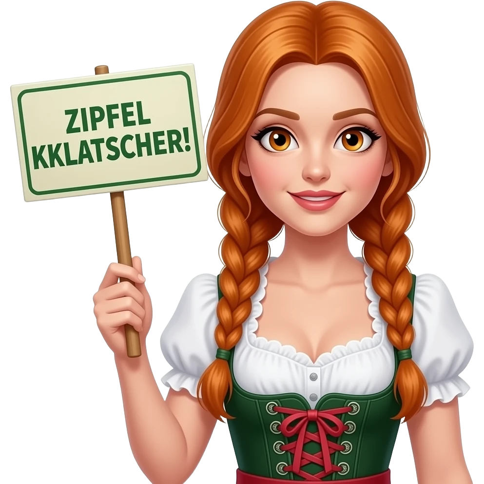 sexy girl with overlong ginger hair in braids and ginger eyes wearing a dirndl holding a ZIPFEL KKLATSCHER! sign emoji