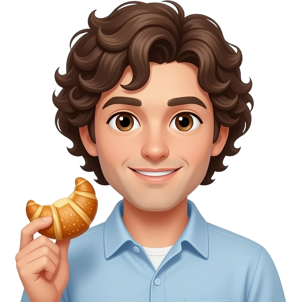 man with brown curly hair, brown eyes, holding a croissant emoji