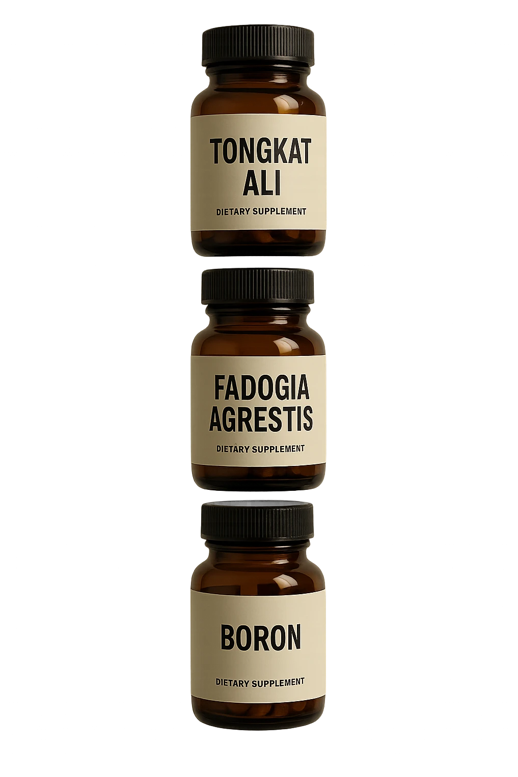 4 boccette di integratore: Tongkat Ali, Fadogia Agrestis, Boron e Zinco fluttuano in aria verticalmente emoji