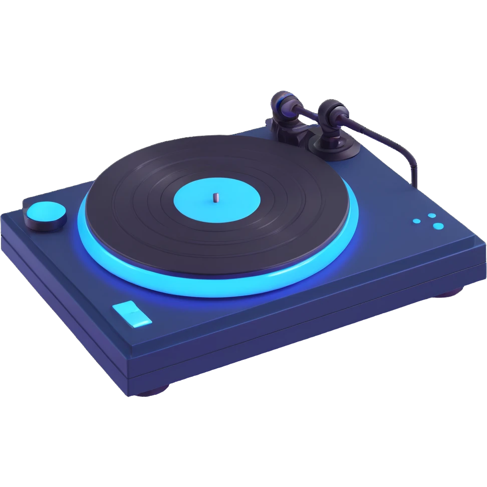 Design a black version of this Pixar-style turntable, with a glossy finish and a touch of blue lighting for a modern feel, in the Pixar 3D style. emoji