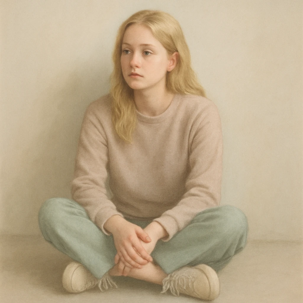 a blonde-haired woman sitting and waiting, casual style, soft colors emoji