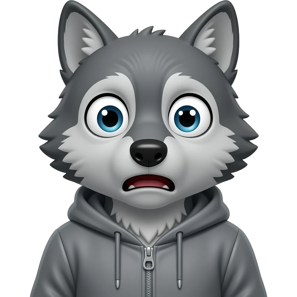 A little gray wolf shaped like a little human, dressed in gray, looking at us because he's very alarmed and terrified. emoji