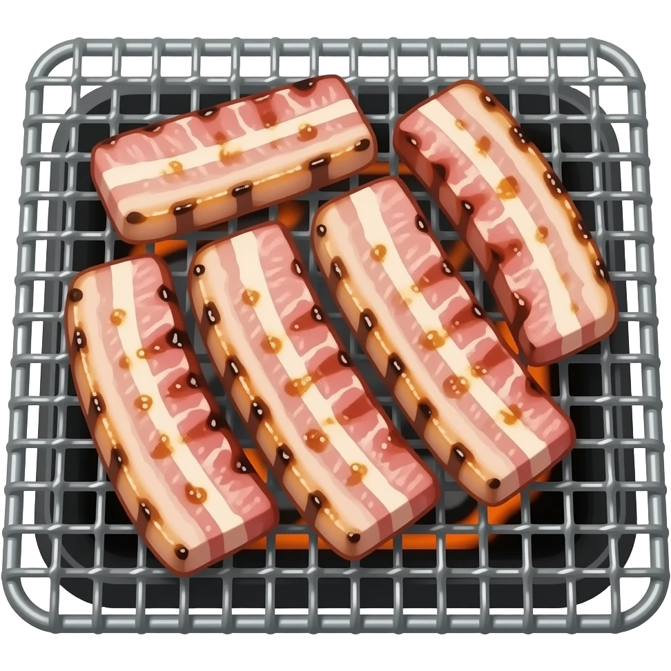 korean samgyeopsal emoji, grilled pork belly slices on a grill, slightly charred edges, sizzling effect, kawaii food icon emoji
