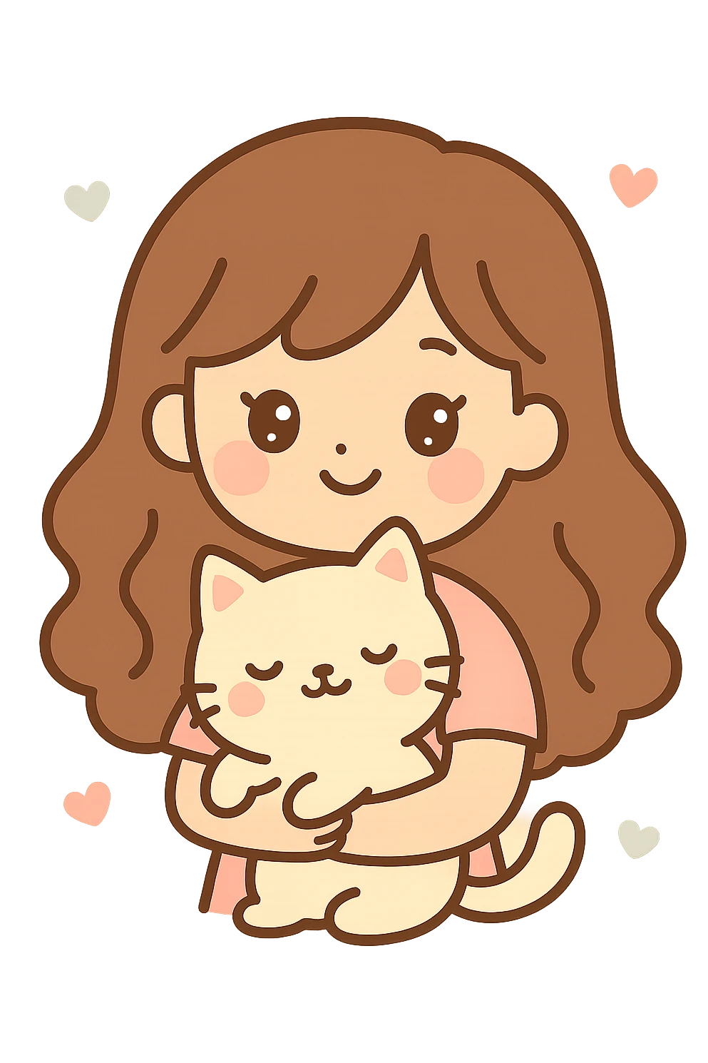 a girl with long wavy brown hair and brown eyes holding a cat, friendly and appealing style emoji