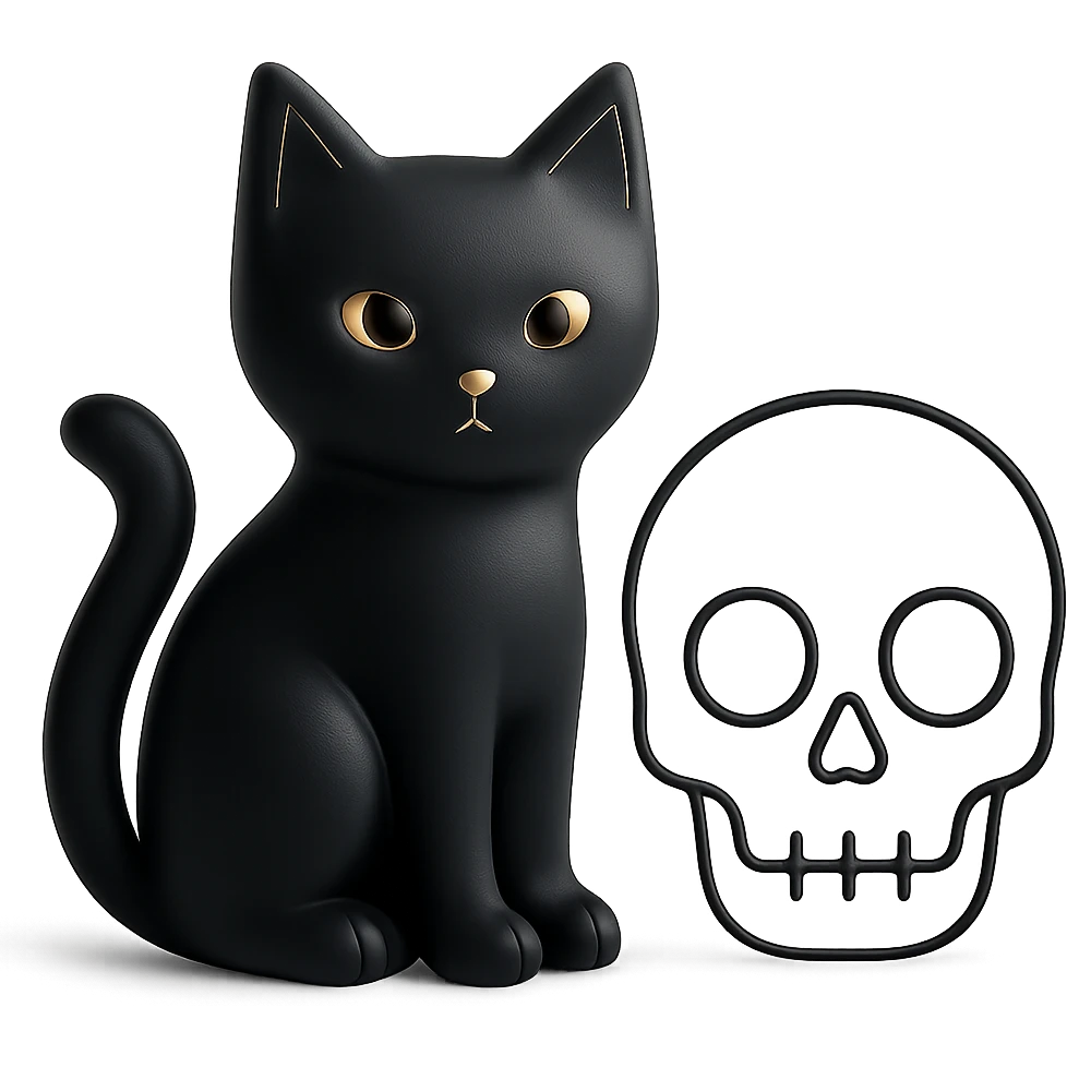 Transform the black cat into a 3D style with detailed shading and depth. Keep the skull in a clean outline style with no fill and no background, preserving its simplicity and clarity. emoji
