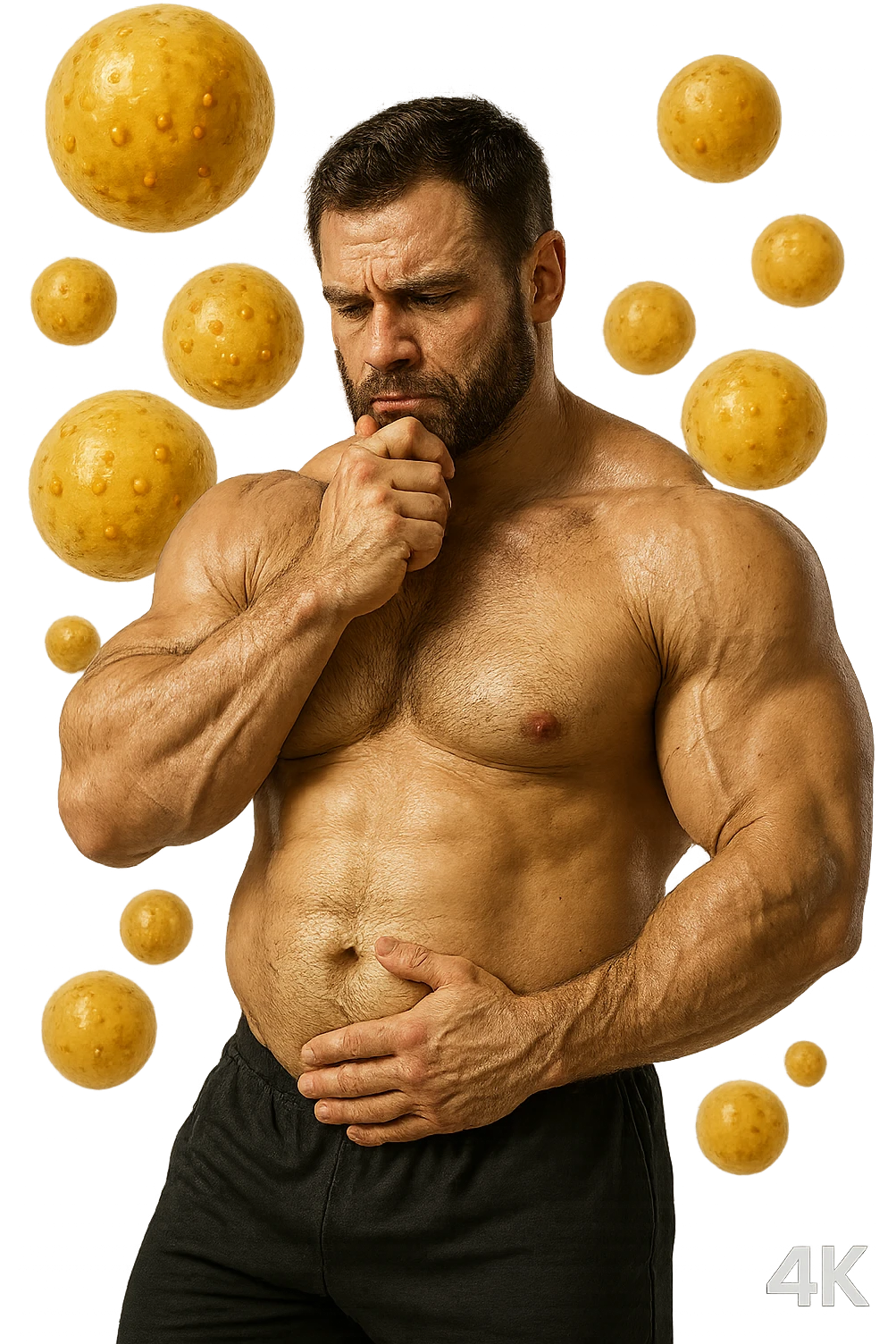 bodybuilder che si tocca la pancia con espressione pensierosa in volto, cellule di grasso gialle (adipociti) fluttuano dietro di lui, iperrealistico 4k emoji