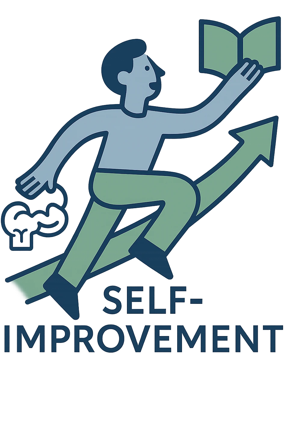 Add a book or brain icon to the self improvement logo. Maintain the modern, uplifting, clean lines style with an abstract human figure in upward motion. Use a blue and green color palette. No background. Keep the design harmonious and balanced. emoji