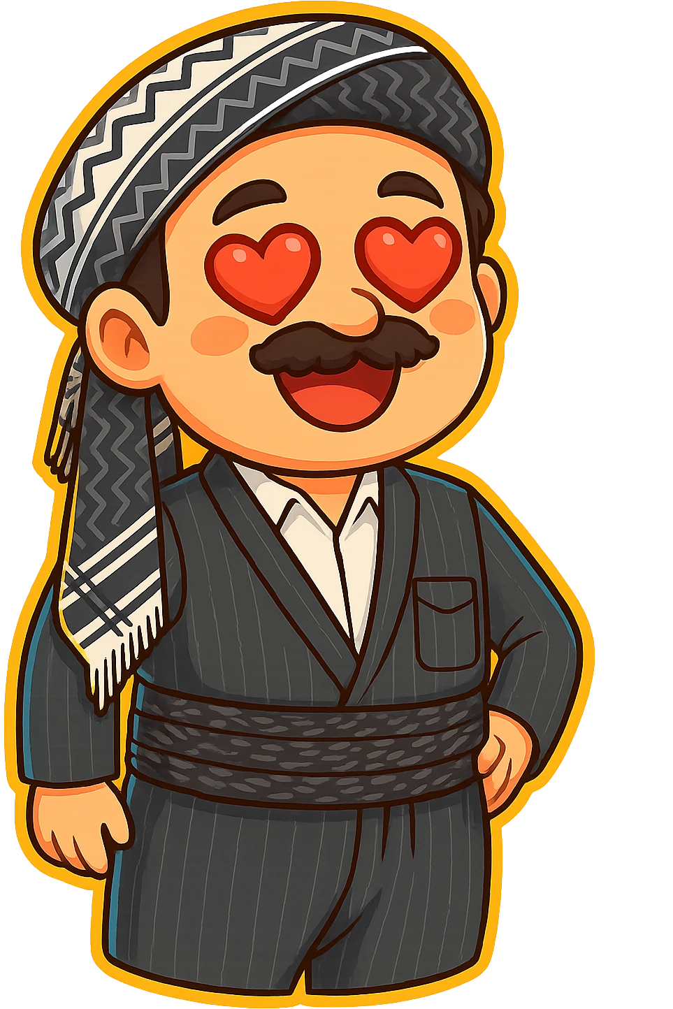 Create a colorful and cheerful cartoon sticker of a Kurdish man wearing the same clothes and scarf as the reference image, with no changes to the outfit or scarf. The face should have a romantic expression with heart-shaped eyes similar to the 😍 emoji. The sticker should have no text and be suitable for WhatsApp and Instagram usage. Background must be transparent. emoji